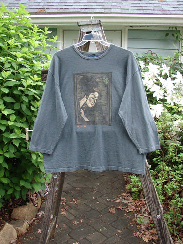 Barclay Long Sleeved Studio Tee Geisha Girl Tealen Size 2 features a straight shape, rounded neckline, and long sleeves, with a Geisha Girl theme painted design on medium-weight organic cotton.