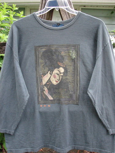 Barclay Long Sleeved Studio Tee Geisha Girl Tealen Size 2: Features a straight shape with cozy long sleeves, a rounded neckline, and Geisha Girl theme paint, made from medium-weight organic cotton.