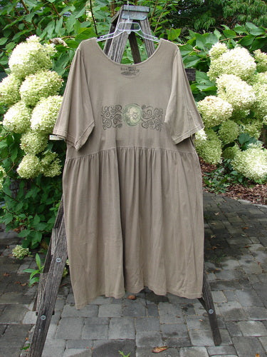 1994 Flower Garden Dress Wind Medallion Bark Size 2, featuring a loose fit with a gathered waistline and decorative chest print, hangs on a wooden ladder, embodying whimsical vintage charm.