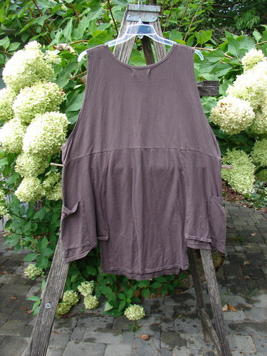 Barclay NWT Flower Pot Top Botanicals Brown Sparrow OSFA, showcasing a loose-fitting, sleeveless tunic with unique drop pockets and a softly ribbed neckline, draped over a wooden ladder in a garden setting.
