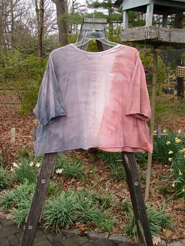 Barclay Three Quarter Sleeved Crop A Lined Tee Wind Mottled Stone Size 2 displayed on a wooden hanger outdoors, showcasing its rounded neckline, curly edgings, and flowy wind theme paint.