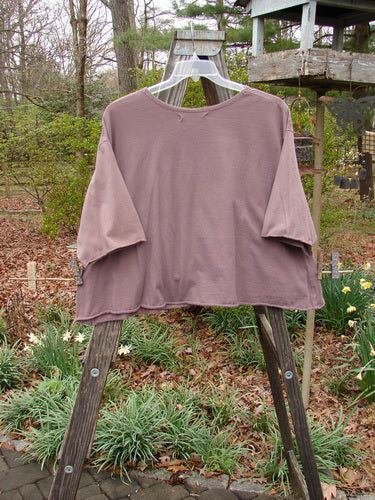 Barclay Three Quarter Sleeved Crop A Lined Tee Victorian Mottled Red Earth Size 2 displayed on a swing rack, showcasing its rounded neckline, curly edgings, and A-line shape.