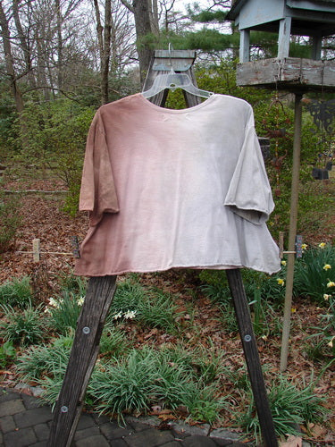 Barclay Three Quarter Sleeved Crop A Lined Tee Star Ray Mottled Earth Size 2 displayed on a wooden stand, showcasing a rounded neckline, sweet curly edgings, and a flowy A-line shape.