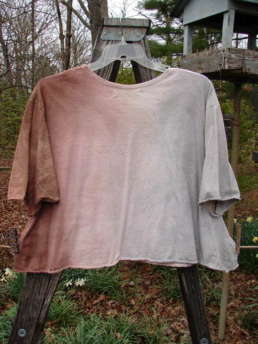 Barclay Three Quarter Sleeved Crop A Lined Tee Star Ray Mottled Earth Size 2 displayed on a hanger outdoors, featuring a rounded neckline, sweet curly edgings, and a flowy A-line shape.