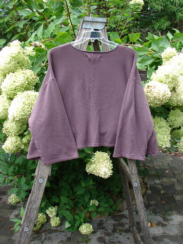 Barclay NWT Fleece Donna Sweatshirt Frenchtown Logo Fig OSFA displayed on a clear hanger over a wooden ladder, highlighting its wide, slightly A-line shape and cozy long sleeves in a garden setting.