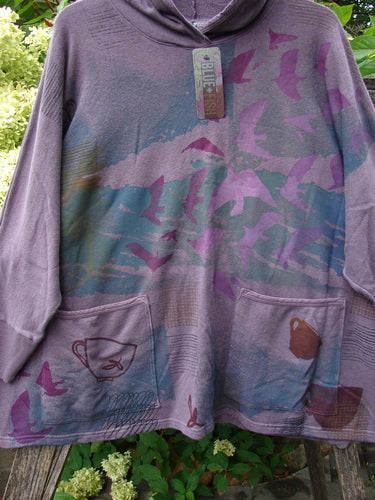 Barclay NWT Cotton Hemp Folklore Hoodie Morning Dove Aura OSFA features abstract bird silhouettes and teacup motifs, with a cozy hood and practical pockets, embodying the creative spirit of Bluefishfinder.com.