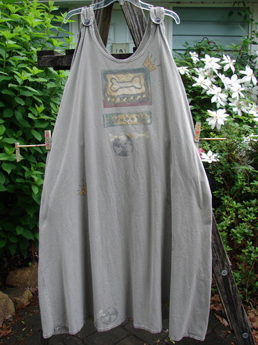 1995 Long Games Smock Jack Russell Pumice OSFA features a sweeping A-line design, rounded neckline, dual jet black buttons, Jack Russell and beach ball paint, and inseam pockets, showcasing vintage Blue Fish creativity.