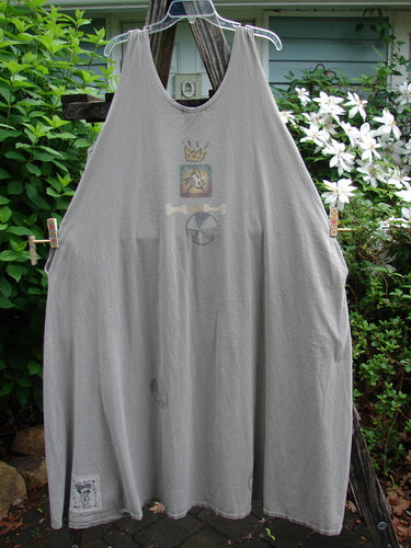 1995 Long Games Smock Jack Russell Pumice OSFA featuring a sweeping A-line shape, rounded neckline, dual buttons, deeper arm openings, and detailed Jack Russell and beach ball theme, epitomizing vintage Blue Fish creativity.