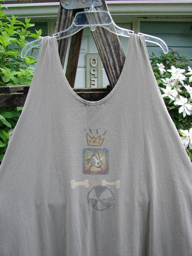 The 1995 Long Games Smock Jack Russell Pumice OSFA features a sweeping A-line shape, rounded neckline, and Jack Russell theme paint, showcasing Blue Fish's vintage creativity with jet black buttons and deeper arm openings.