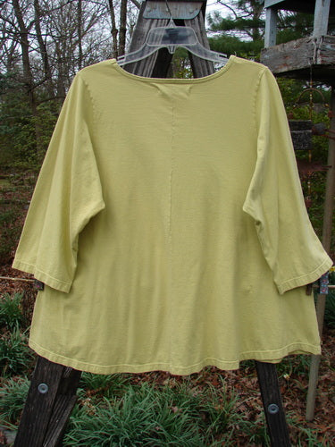 Barclay Three Quarter Sleeved A Lined Tee Garden Friends Mottled Plantain Size 0 displayed on a wooden rack, showcasing its unique rounded neckline and sweet curly edgings.