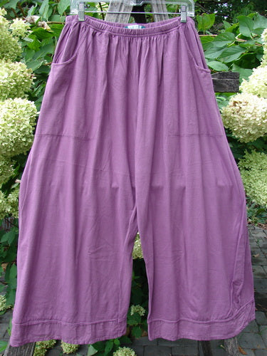 Barclay Basic Pocket Flutter Flare Pant Unpainted Magenta Size 2, loose-fitting with a wide-leg design, elastic waistband, side-seam pockets, and topstitched hem, showcased in an outdoor garden setting.