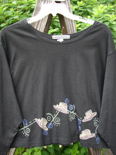 1997 NWT Long Sleeved Crop Tee Top Hat Ebony Size 2, featuring a wide, slightly A-lined crop shape with top hat theme paint, vented sides, drop shoulders, and a flattened wider neckline.