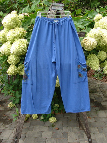 Barclay Drawstring Double Pocket Pant Shop Purse Skylark Size 2, featuring loose fit, blue tone, elastic back waist, and double pocket design, hangs outdoors against a floral backdrop.