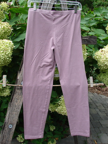 Barclay NWT Cotton Lycra Crop Legging Unpainted Tulsi Rose Size 0, hanging on a wooden ladder, showcasing its slim-fit design with a full elastic waistband and tapering lowers.