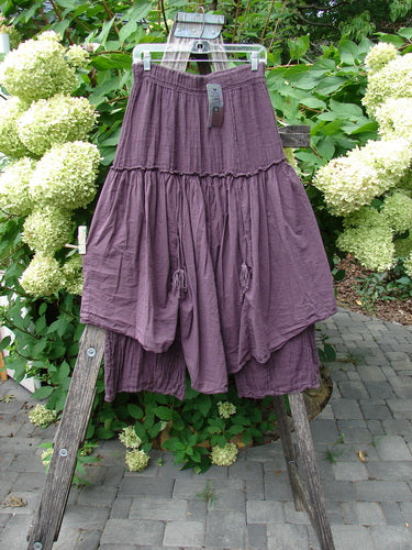 Barclay NWT Linen Batiste Fusion Pant Skirt Unpainted Fig Size 0, displayed on a hanger, features a tiered design with tie accents, elastic waist, and a cropped under pant with tapered lowers.