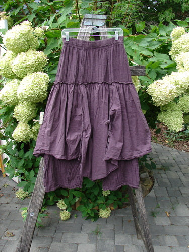 Barclay NWT Linen Batiste Fusion Pant Skirt Unpainted Fig Size 0 displayed on a garden ladder, showcasing its tiered boho-style design with a unique layered skirt and tapered pant combination.