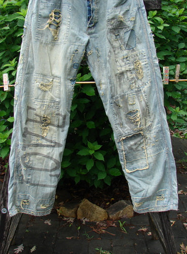 Magnolia Pearl NWT Guadalupe Love Ranchero Miner Jean in Washed Indigo featuring adjustable rear buckle, full button fly, rear embroidery, continuous patching, distressed edges, and dual rear pockets, reflecting Bluefishfinder.com's vintage style.
