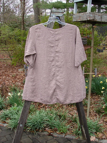 Barclay Linen Lucida Top Whisper Wheat Sprig Mauve Size 0 on a clothes rack, showcasing a rounded neckline, almost three-quarter sleeves, and a flowy A-line shape.
