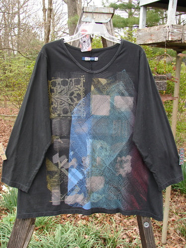 Barclay NWT Long Sleeve Studio Tee Mixed Metallic Mosaic Black Size 0, featuring a blue and red design, slight A-line shape, and oval rolled neckline, made from mid-weight organic cotton.
