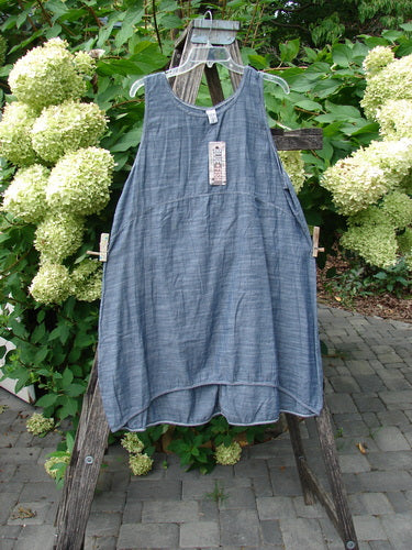 Barclay NWT Light Weight Chambray Shift Stripe Blue Light Size 0, featuring a sleeveless tunic-style with a scooped neckline, hanging on a wooden stand, amidst hydrangeas, showcasing its flowing, loose fit design.