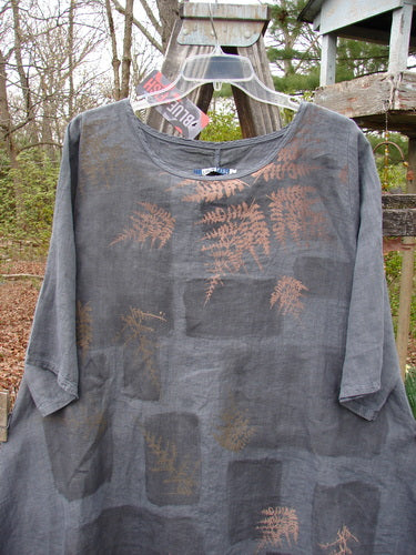 Barclay NWT Linen Lucida Top in Fern Fare Steel Blue Diatom, featuring brown designs, a rounded neckline, flowy A-line shape, almost three-quarter sleeves, and a price tag visible.