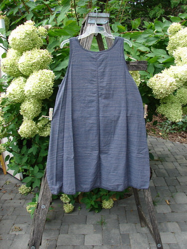 Barclay NWT Light Weight Chambray Shift Stripe Denim Dark Size 0 displayed on a rustic ladder outdoors, showcasing its scoop neckline, deep arm openings, and unique hem. Ideal for expressing individual style.