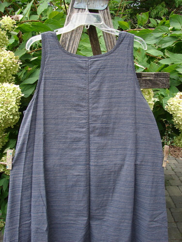 Barclay NWT Light Weight Chambray Shift Stripe Denim Dark Size 0, showcasing a sleeveless A-line design with a scoop neckline, is displayed hanging outdoors, highlighting its flowing hem and unique striped pattern.