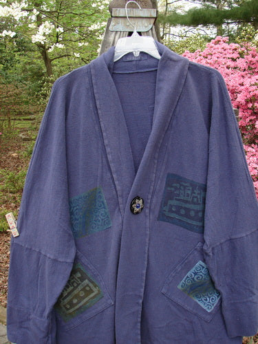 1995 Reprocessed Deco Jacket Jeweled Flower Button Royal Orchid OSFA, featuring patchwork designs, drop dolman shoulders, and oversized painted pockets.