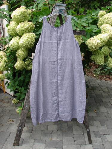Barclay NWT Linen Sundress Garden Folly Amethyst Size 0 displayed outdoors on a wooden ladder, showcasing its loose, A-line shape, rounded neckline, and unique downward curved empire waist.