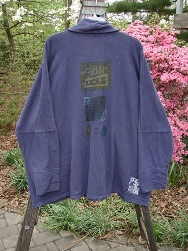 1995 Reprocessed Deco Jacket Jeweled Flower Button Royal Orchid OSFA, featuring a dense nubby-textured cotton, deep V neckline, long sleeves, double buttonhole, oversized painted pockets, and signature Blue Fish patch.