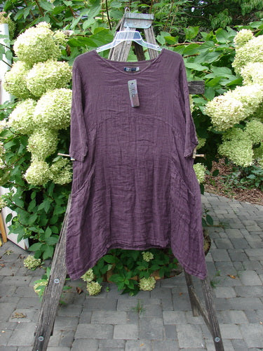 Barclay NWT Linen Zen Pocket Tunic Dress in Fig, Size 0, displayed on a ladder with garden backdrop. Features include oval neckline, three-quarter sleeves, A-line shape, curved seams, and dual pockets.