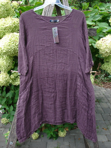 Barclay NWT Linen Zen Pocket Tunic Dress Unpainted Fig Size 0 hangs on a clear hanger, showcasing its A-line shape, elbow-length sleeves, and dual drop pockets against a natural garden backdrop.