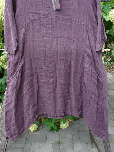 Barclay NWT Linen Zen Pocket Tunic Dress Unpainted Fig Size 0, featuring a loose-fit, long sleeves, front patch pockets, and a yoke seam, displayed on an outdoor rack.