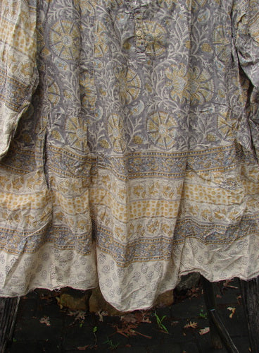 Magnolia Pearl European Cotton Block Print Briar Tunic Top Flower Child OSFA features raw edges, A-line shape, Henley snap buttons, and dual inseam drop pockets, embodying Bluefishfinder.com's vintage and expressive style.