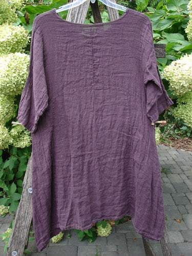 Barclay NWT Linen Zen Pocket Tunic Dress Unpainted Fig Size 0 features a loose, crinkled texture, three-quarter sleeves, an A-line shape, dual pockets, and a varying hemline, showcased outdoors against a leafy garden backdrop.