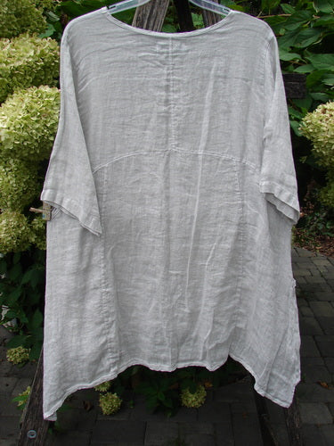 Barclay NWT Linen Zen Pocket Tunic Unpainted Dove Size 0, displayed outdoors, features a round neckline, dropped shoulders, elbow-length sleeves, dual drop pockets, and varying hemline against a lush, natural backdrop.