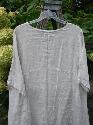 Barclay NWT Linen Zen Pocket Tunic Unpainted Dove Size 0, displayed on a clear hanger. Features include a rounded neckline, three-quarter sleeves, and dual pockets, embodying Bluefishfinder.com's creative and expressive style.