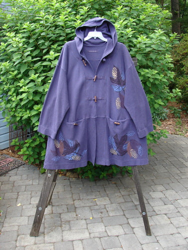 1998 Berber Hooded Bracken Jacket Midnight Leaf Size 2 featuring twig toggle buttons, sectional front pockets, oversized leaf theme paint, and a substantial hood. Made from heavy-weight cotton Berber with unique textures.
