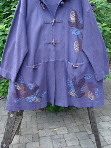 1998 Berber Hooded Bracken Jacket Midnight Leaf Size 2, featuring thick cotton and textured Berber, twig toggle buttons, sectional front pocketed panels, and a super subtle oversized leaf theme paint.