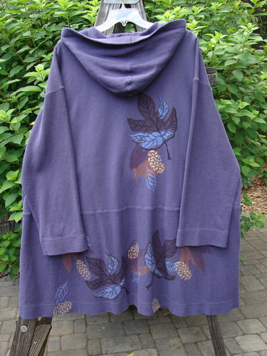 1998 Berber Hooded Bracken Jacket Midnight Leaf Size 2 features a unique oversized leaf pattern, sectional front pocketed panels, twig toggle buttons, and a substantial hood.