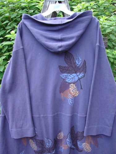 1998 Berber Hooded Bracken Jacket Midnight Leaf Size 2 featuring a hood, toggle buttons, sectional front pockets, and an oversized leaf design on heavy-weight cotton Berber.