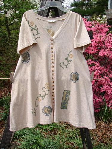 1995 Tiny Button Dress Fruit Floral Garden Flax Size 1, featuring a floral and vine design, tiny buttons, swingy hem, and V neckline; a vintage piece from Bluefishfinder's Spring Collection.