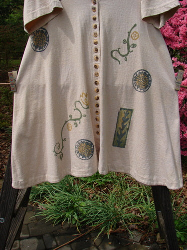 1995 Tiny Button Dress Fruit Floral Garden Flax Size 1 showcasing intricate green and blue designs, featuring numerous tiny buttons, a swingy hem, slightly hourglass shape, and a not too deep V neckline.