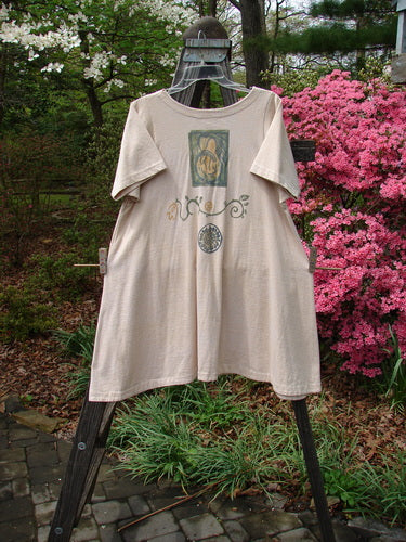 1995 Tiny Button Dress Fruit Floral Garden Flax Size 1 displayed on a hanger, showcasing tight buttons, a slightly hourglass shape, swingy hem, and intricate fruit and floral vine patterns.