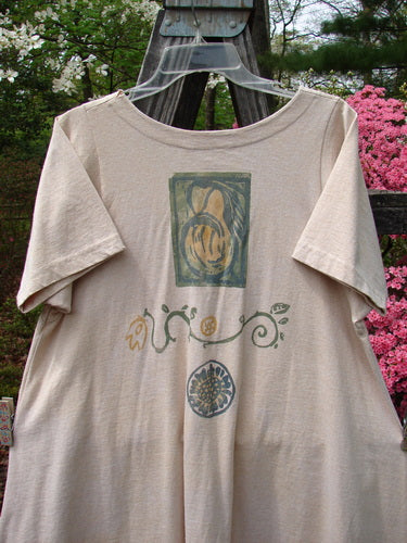 1995 Tiny Button Dress Fruit Floral Garden Flax Size 1 displayed on a hanger, showcasing intricate button detailing, a slightly hourglass shape, and vibrant fruit and floral vine patterns.