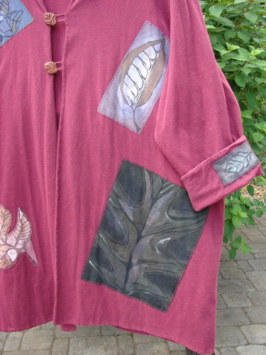 1998 Patched Autumn Coat Fall Leaf Madder OSFA featuring oversized painted patches, ceramic buttons, triple loop closures, foldable cuffs, hood, and Blue Fish signature patch.