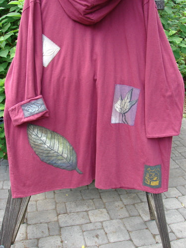 1998 Patched Autumn Coat Fall Leaf Madder OSFA featuring ceramic buttons, foldable patched cuffs, double-layered cozy hood, and oversized fall-themed leaf patterns.