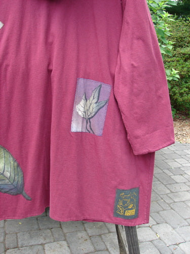 1998 Patched Autumn Coat Fall Leaf Madder OSFA featuring oversized ceramic buttons, triple-looped closures, cozy hood, foldable cuffs, and brightly painted fall-themed patches with leaves and branches.