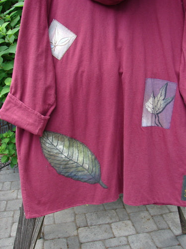 1998 Patched Autumn Coat Fall Leaf Madder OSFA featuring ceramic buttons, oversized leaf and branch patches, cozy hood, and foldable cuffs on a double-layered mid-weight cotton jacket.