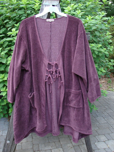 Barclay Chenille Rippie Tie Front Robe Jacket in Unpainted Murple, size 2, displayed on a mannequin, featuring double drop front pockets, deep V neckline, and slightly slubbed medium-weight organic cotton chenille.
